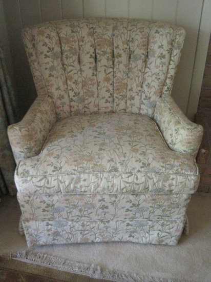 Channel Back Arm Chair w/ Floral Upholster & Pleated Skirt