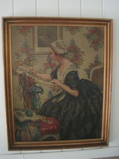 Titled "The Sewing Frame" by S. Hurel Woman Seated at Needlework Scene Print on Board