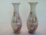 Pair - Ucagco China Hand Painted Bud Vases w/ Flared Rim Birds in Flight Foliage Background