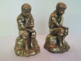 Pair - Cast Metal Brass Finish Bookends Boy Sitting Reading A Book