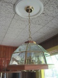 Hanging Ceiling Light Fixture Octagon Oak/Beveled Glass Panes & Brass 8 Arm Candle Stick
