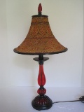 Molded Burgundy Ribbed Vase Style Table Lamp w/ Intricate Design Molded Amber Shade