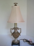 French Inspired Urn Double Handled Style Candle Stick Accent Lamp Relief Lattice Design