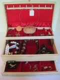 Vintage Jewelry Box w/ Misc. Costume Jewelry Necklaces, Pierced Earrings