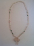 Quartz Beaded Necklace w/ Carved Elephant Pendant & Jade Accents