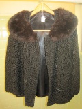 Vintage Black Curly Lamp Ladies Coat w/ Fur Collar & 3 Velvet Buttons