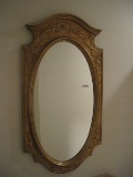 Molded Relief Floral/Foliate Design Framed Oval Wall Mirror Antiqued Gilded Patina
