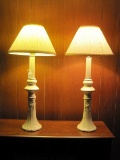Pair - Ceramic Candle Stick Lamps w/ Drapery Swag Design