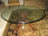 Chinese Chippendale Style Coffee Table w/ Round Glass Top Ball & Claw Feet Pedestal Base