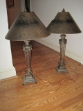 Pair - Classic Style Banquet Lamps Laurel Leaf Swag on Plinth Base w/ Spiral Panel Design