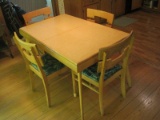 Mid-Century Maple Dining Table w/ Leaf & 4 Chairs w/ Vinyl Upholstery Seats