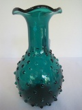 Pressed Glass Teal Hobnail Pattern Vase w/ Flared Crimped Rim