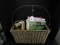 Wood/Wicker basket w/ Curved Metal Handle w/ Contents, Misc. Magazines