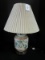 Ceramic Hand Painted Lamp, Ribbed, Scalloped Trim, Wood Base, Floral/Leaf Motif