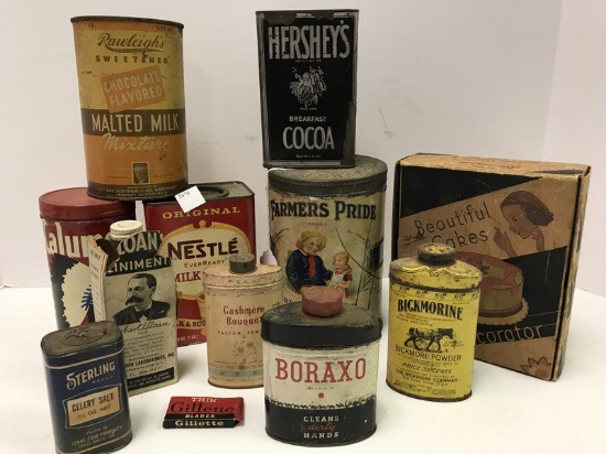 Lot - 9 Vintage Tins/Bottles, Etc. Nestle Milk Coco, Borax, Bickmarine, Farmers Pride, Etc.