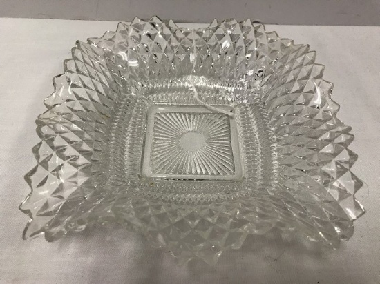 Glass Diamond Cut Pattern, Saw-Tooth Rim, Flared Rim Dish 6 3/4" D Square