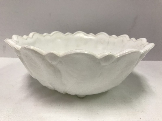 Milk Glass Leaf Pattern Design Bowl Berry Base Scalloped Rim, 9" D