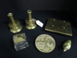 Brass Lot - Pair Brass Candle Holders Ribbed Neck, Brass Duck Paperweight