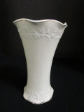 Ceramic Vase w/ Ruffled Rim Ornate Vine/Leaf Carved Motif, Gilted Rim