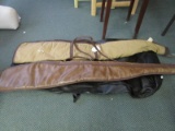 Lot - 3 Fabric Gun Carry Cases, 1 Yellow Rifle Case, 1 Faux Leather w/ Lumberjack Pattern Inside