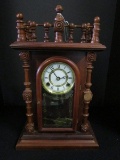 Wooden Desk Pendulum Clock, Spindle/Black Columns Ornate Pattern Transfer on Glass Front