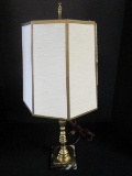 Lot - Brass Ring/Block Style Lamp w/ Black/White Marble Base w/ Shade Urn Finial
