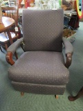 Blue Diamond Patterned Upholstered Rocking Chair w/ Wooden Grooved Serpentine Arms