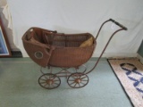 Vintage Antique Baby Stroller Wicker on Metal Frame/Wheels, Wood Handles, Glass Windows