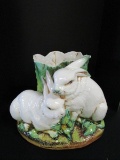 Ceramic Pair Bunny Rabbits w/ Lattice Design Planter