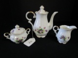 Norcrest Fine China 15/3-C Sweet Violet Pattern Tea Pot, Creamer/Sugar, Gilted Rim