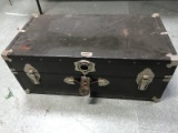 Vintage Metal Chest w/ Luggage Box by Vacationer w/ Clasp/Leather Handle
