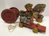 1940's Vintage Floor Pull Toys 1 Cowboy on Horse w/ Metal Red Wheels