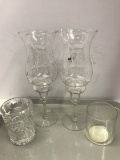 Lot - Hurricane Glass Candle Holders with Glass Shades, & 2 Glass Holders