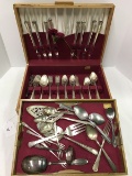 Silverplate Lot - Wood/Felt Lined Box, Knives, Forks, Spoons, Serving Spoons, Pieced Spoons