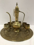 Moroccan Style Floral/Leaf Etched Design Platter Tea Kettle, 6 Cups Brass