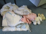 Lot - Baby Clothes Size 2 Baby Shoes, 1 Leather Shoe, Dresses, Bibs, Tops, Etc.