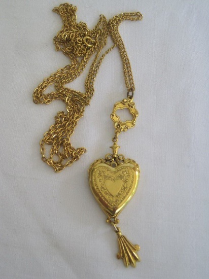Heart Shaped Locket Engraved Pendant on Double Strands Gold Tone Chain by Art