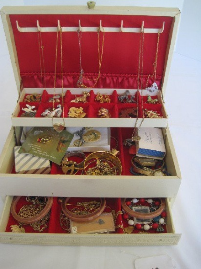Vintage Costume Jewelry Box w/ Misc Fashion Jewelry Bangles, Waltham Hallmark/Timex