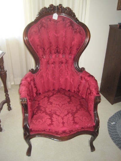 Victorian Era Style Gentleman's Parlor Chair, Traditional Carved Floral Spray