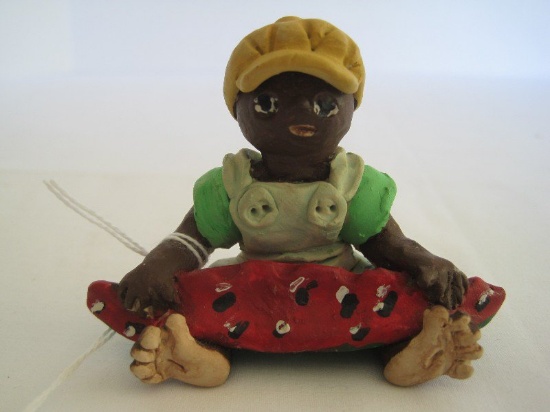 Handmade Clay African American "Pauline" w/ Slice of Watermelon Figurine (Approx. 2 1/2")