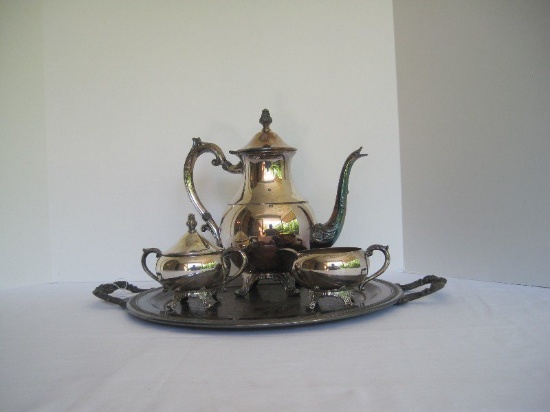 F.B. Rogers Silver Co. Silverplate on Copper Teapot, Creamer, Covered Sugar Bowl