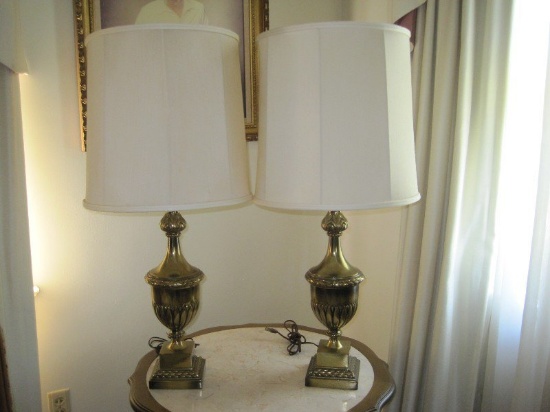 Pair Urn Form Table Lamps w/ Relief Foliage Design on Plinth Base Brass Finish Antiqued