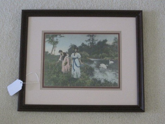 2 Victorian Maiden's Picking Wildflowers Landscape w/ Swans/Pond Scene Print