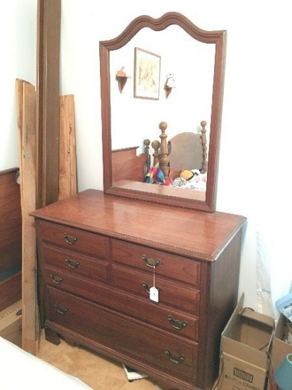 Drew Wooden Dovetail-Style Dresser w/ Vanity Mirror Batwing Pulls, 3 Drawers