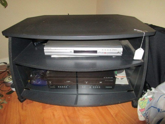 T.V. Stand Black Wooden w/ Casters, 3 Tier w/ Contents, Presidian DVD Player, Magna Vox