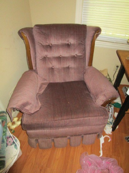 Pin-Back Brown Stripe Arm Chair w/ Wood Bones, Skirt on Tapered Legs