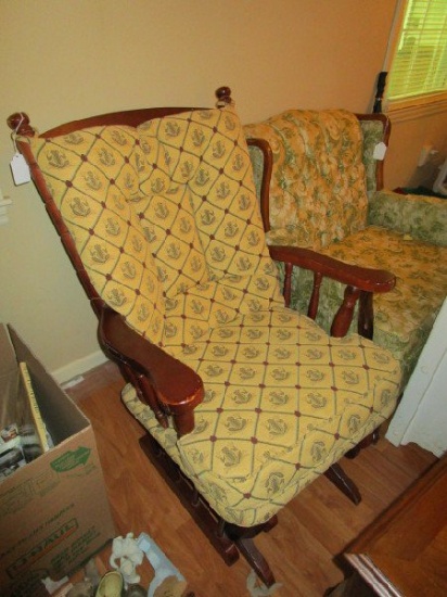 Wood Rocking Chair w/ Frog Motif Pattern Cushion Spindle-Back w/ Arms