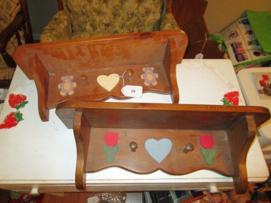 Pair - Wooden Child's Shelf w/ 2 Coat Hangers, 1 w/ Heart Motif, Teddy Bears, 1 w/ Roses