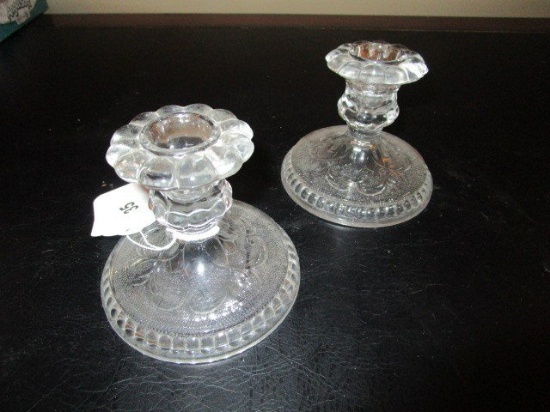 Clear Scalloped Rim/Trim Candle Holders w/ Floral Pattern Base Glass