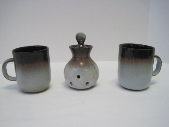 Lot - Peter Pots Pottery Garlic Keeper w/ Cork Stopper 5 1/2" & 2 Mahogany Brown Glaze